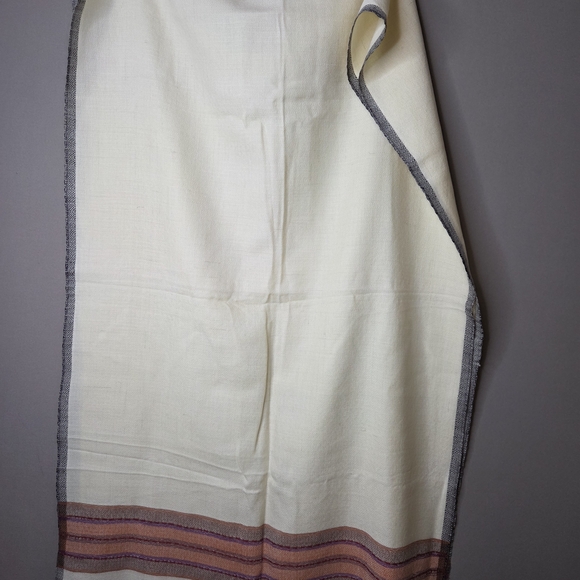 Bhuttico Hand Loom Wool Cream and Purple Orange Fringed Scarf - Picture 2 of 7